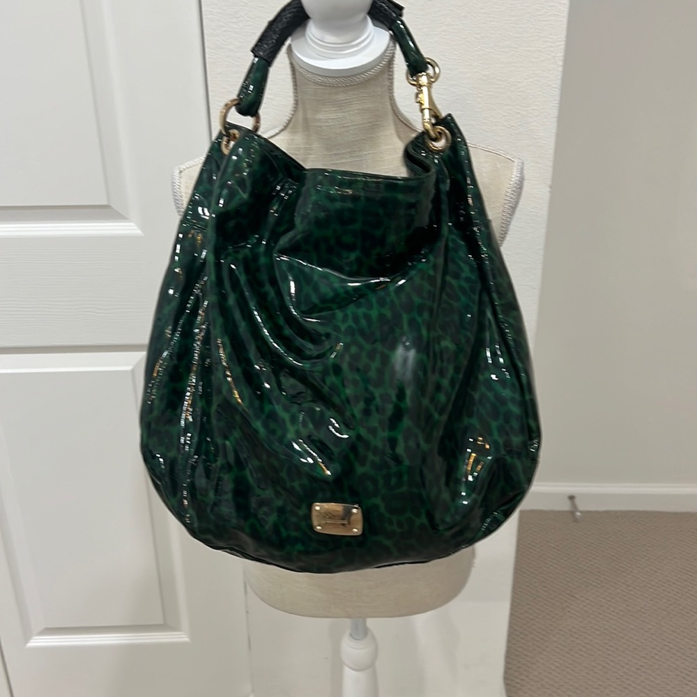 Perfect Jimmy Choo shoulder bag of emerald green patent and black leopard spots.